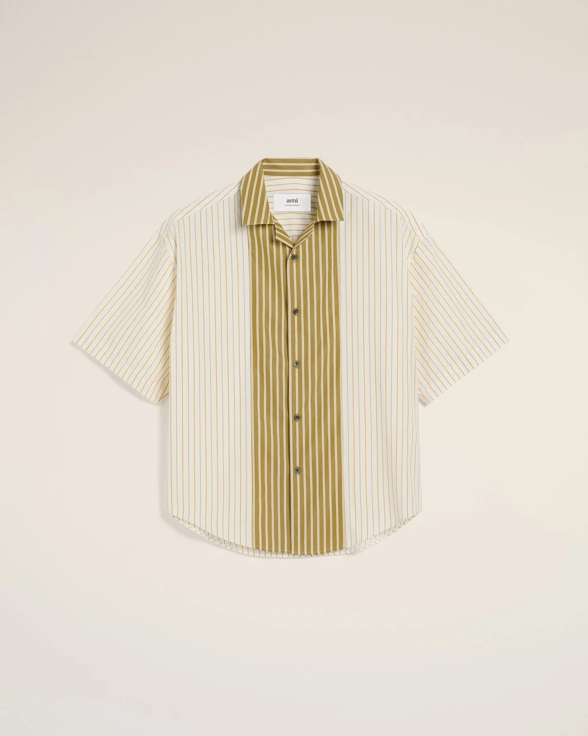 White And Khaki Cotton Short Sleeve Boxy Shirt