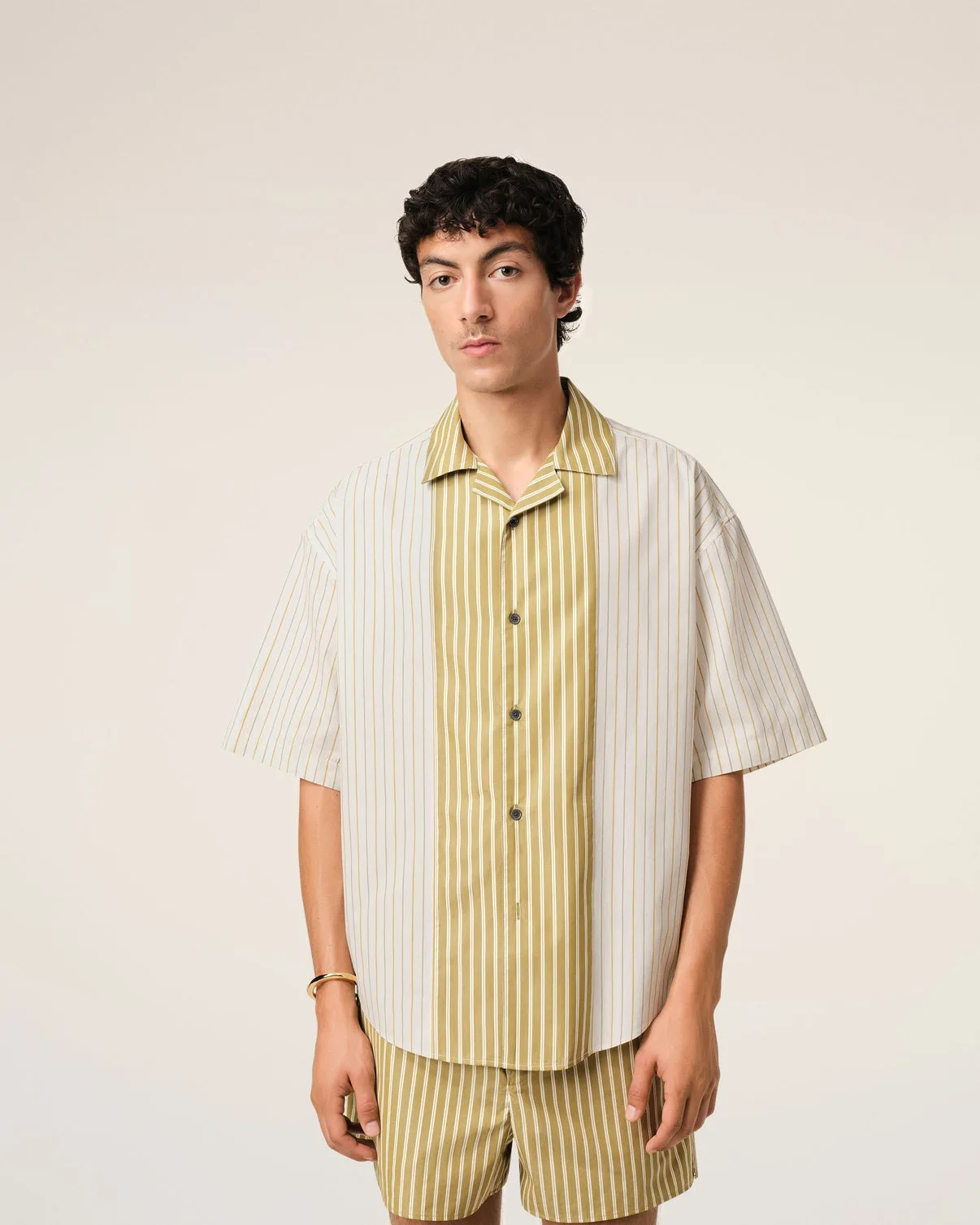 White And Khaki Cotton Short Sleeve Boxy Shirt