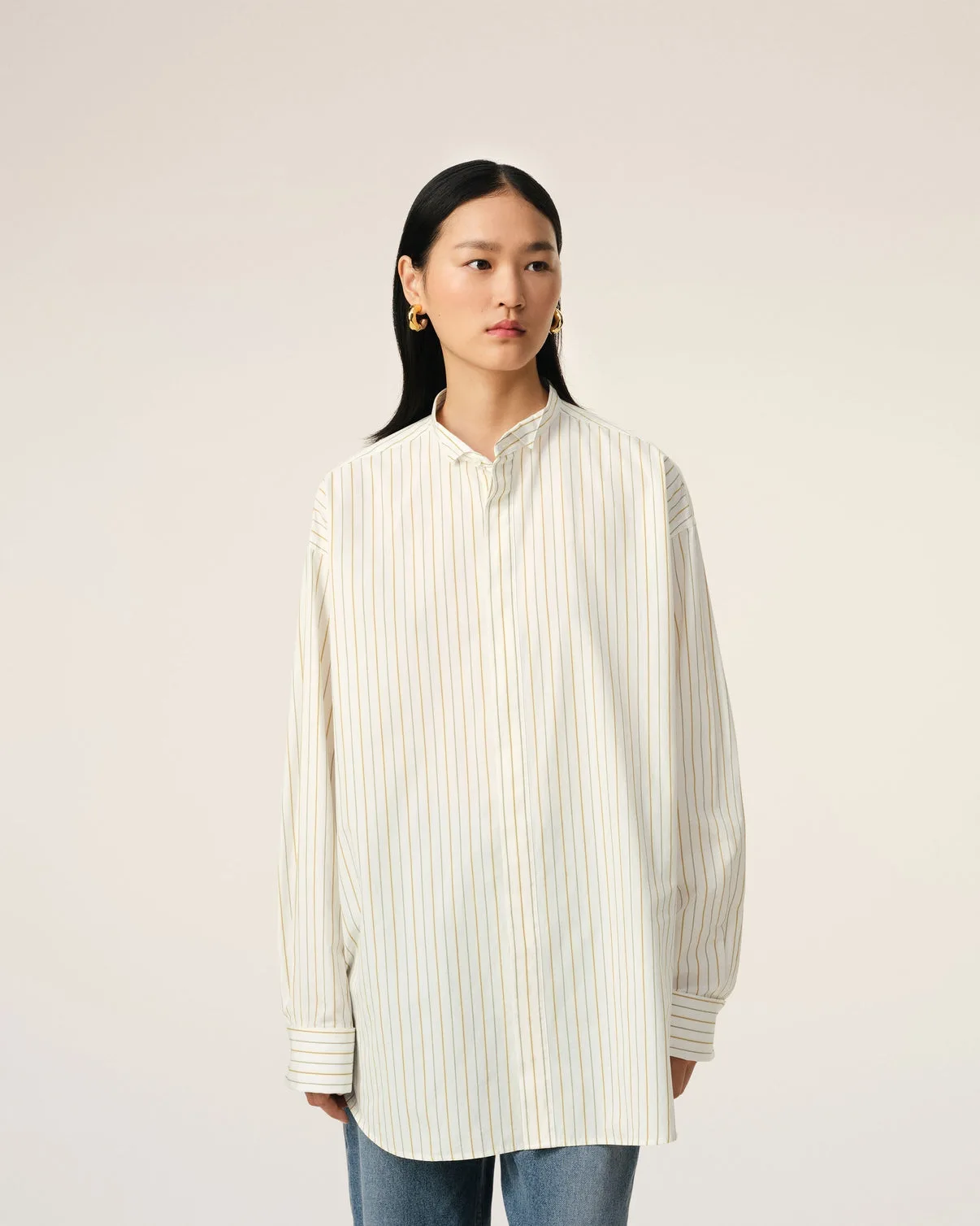 White And Khaki Cotton Wingtip Collar Oversized Shirt