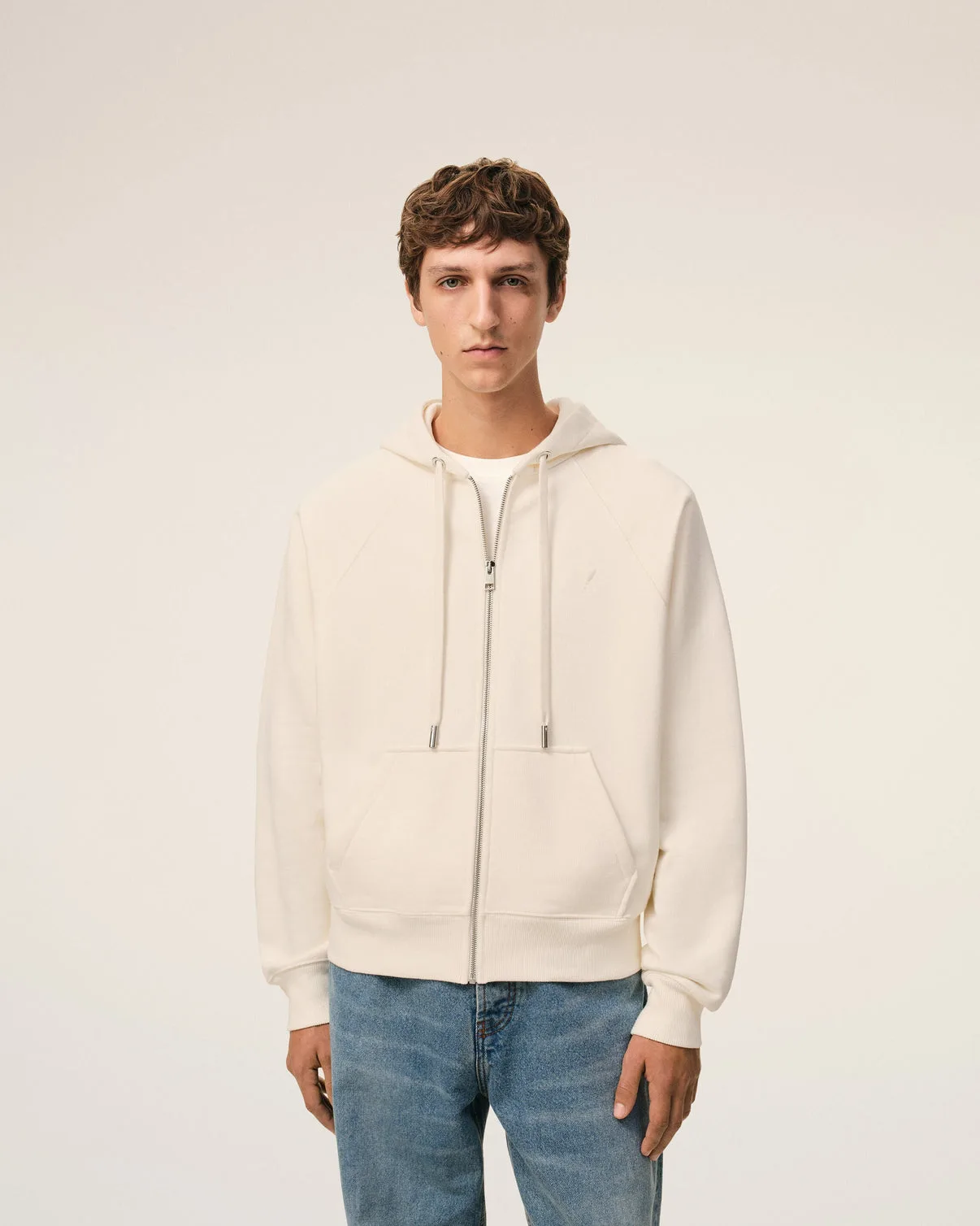 White Cotton Embossed Zipped Hoodie