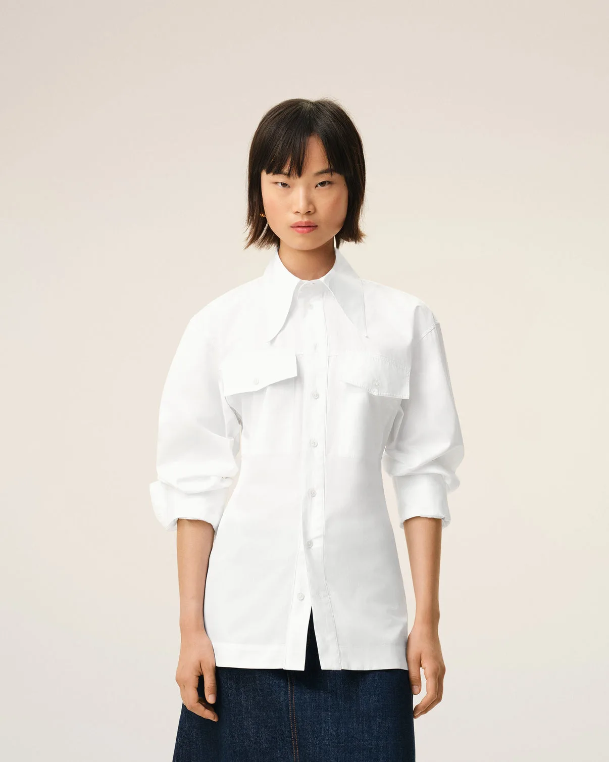White Cotton Sharp Collar Fitted Shirt
