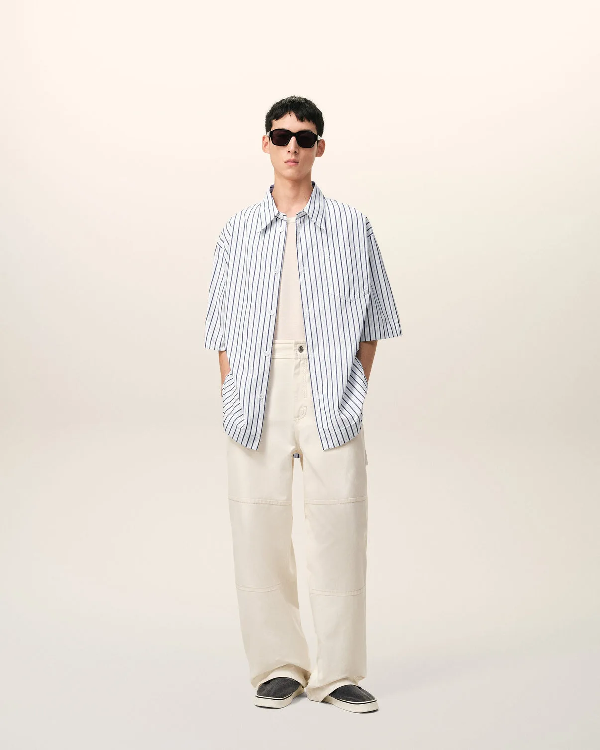 White Striped Cotton Short Sleeve Wide Shirt