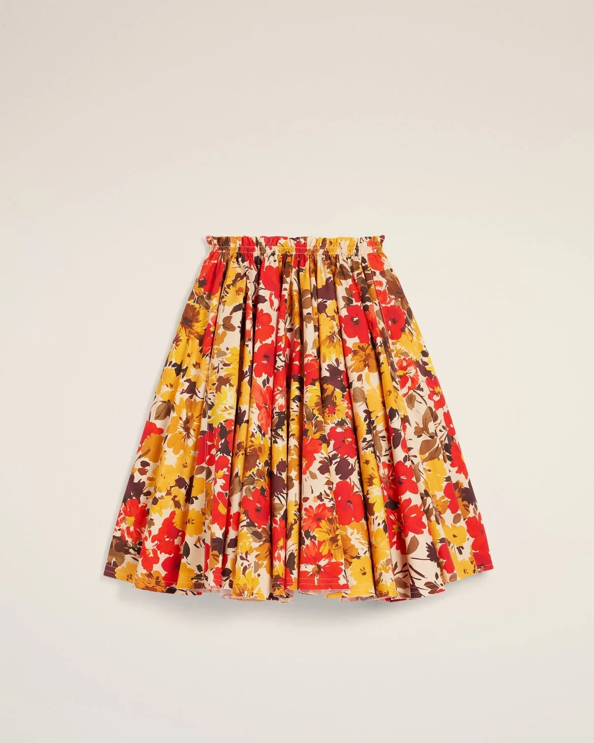 Yellow Floral Cotton Midi Skirt With Godets