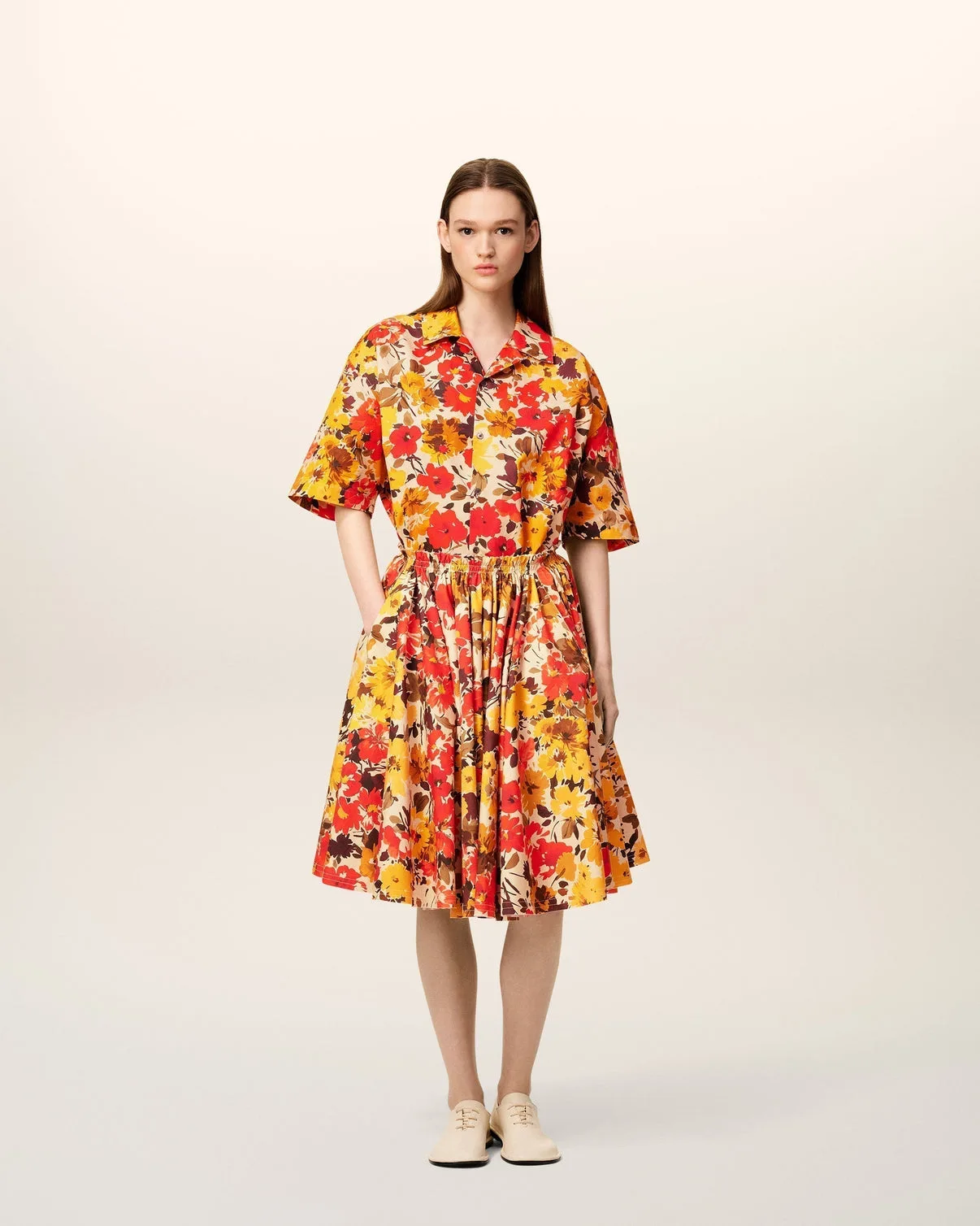 Yellow Floral Cotton Midi Skirt With Godets