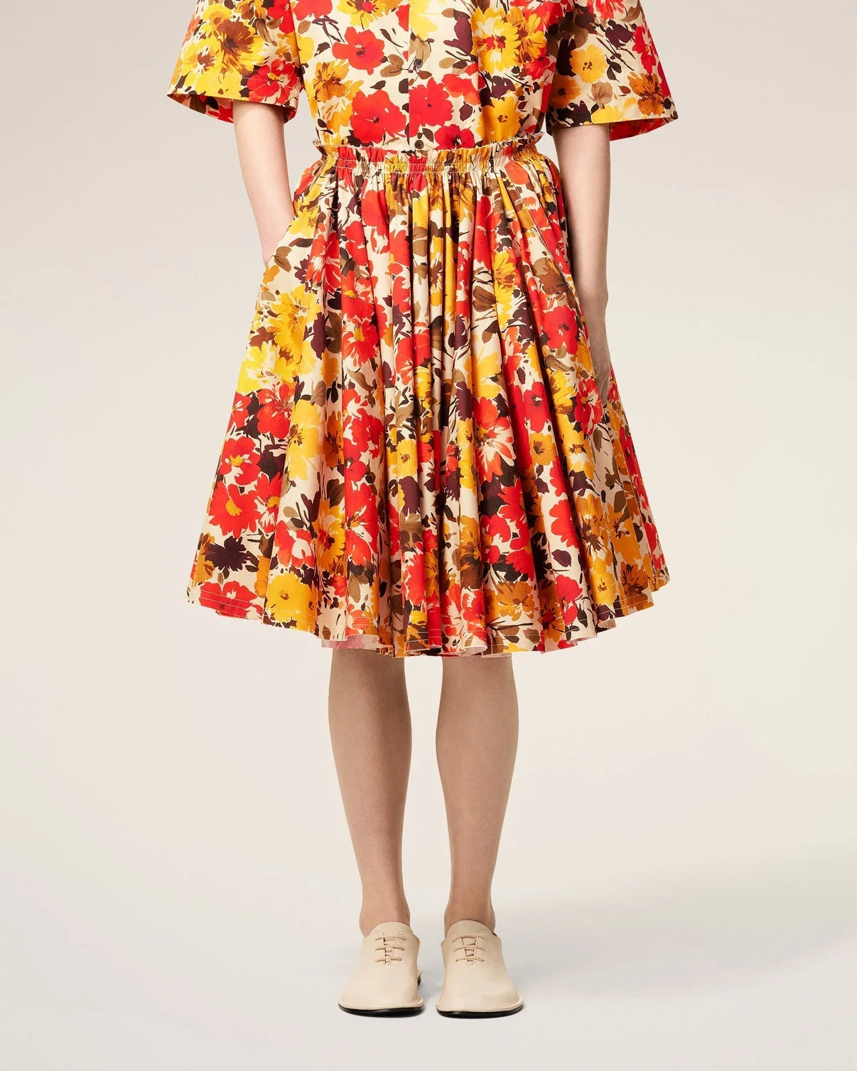 Yellow Floral Cotton Midi Skirt With Godets