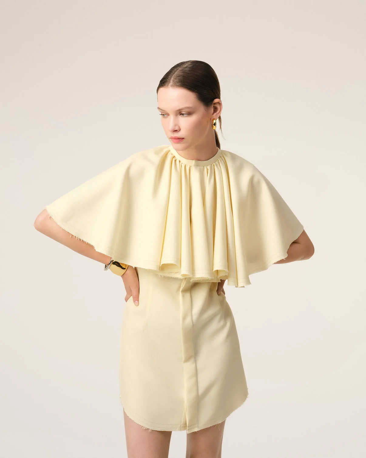 Yellow Wool Shirt Dress With Ruff